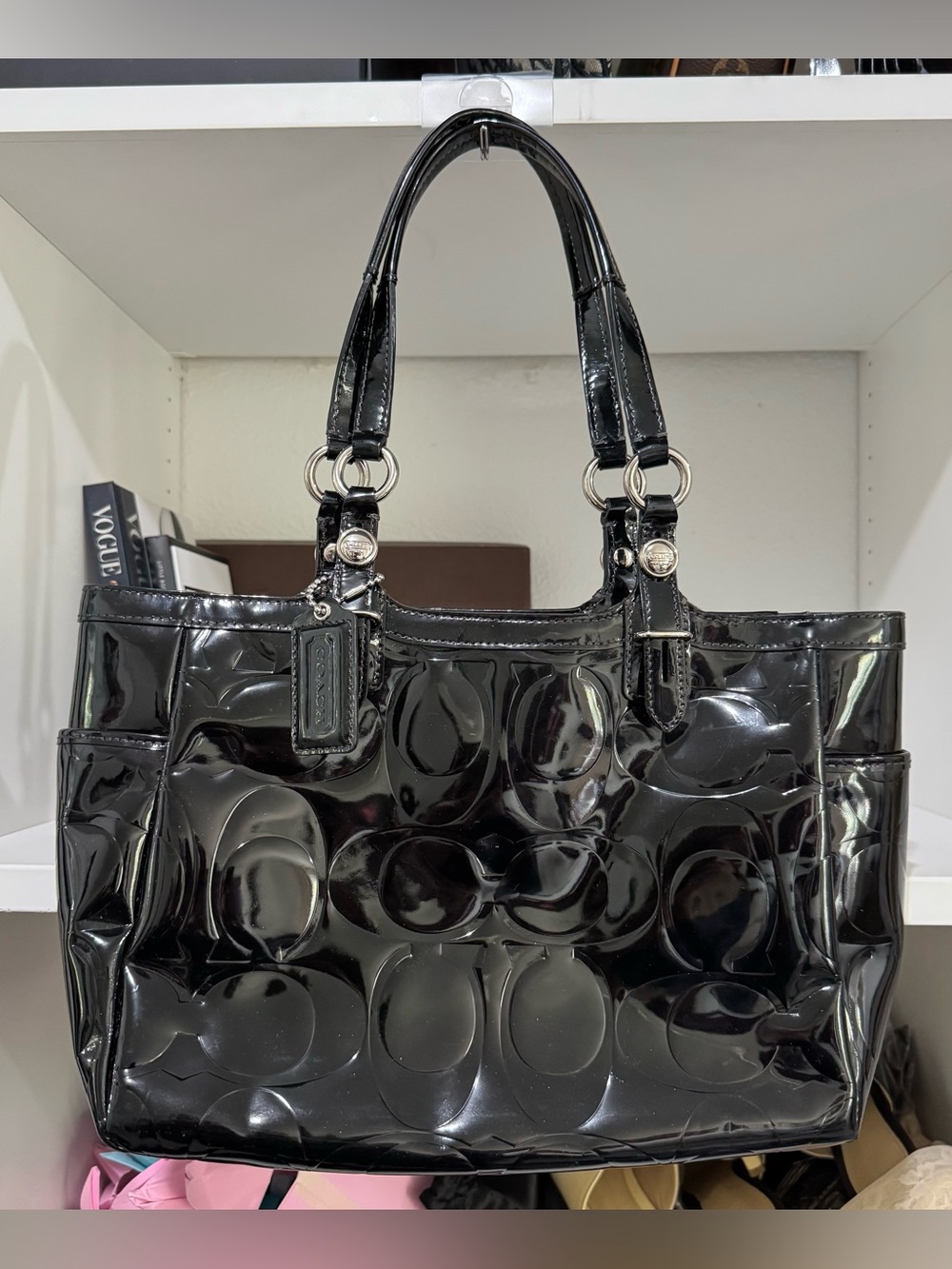 Coach Black Patent Signature Tote with Gloss Finish